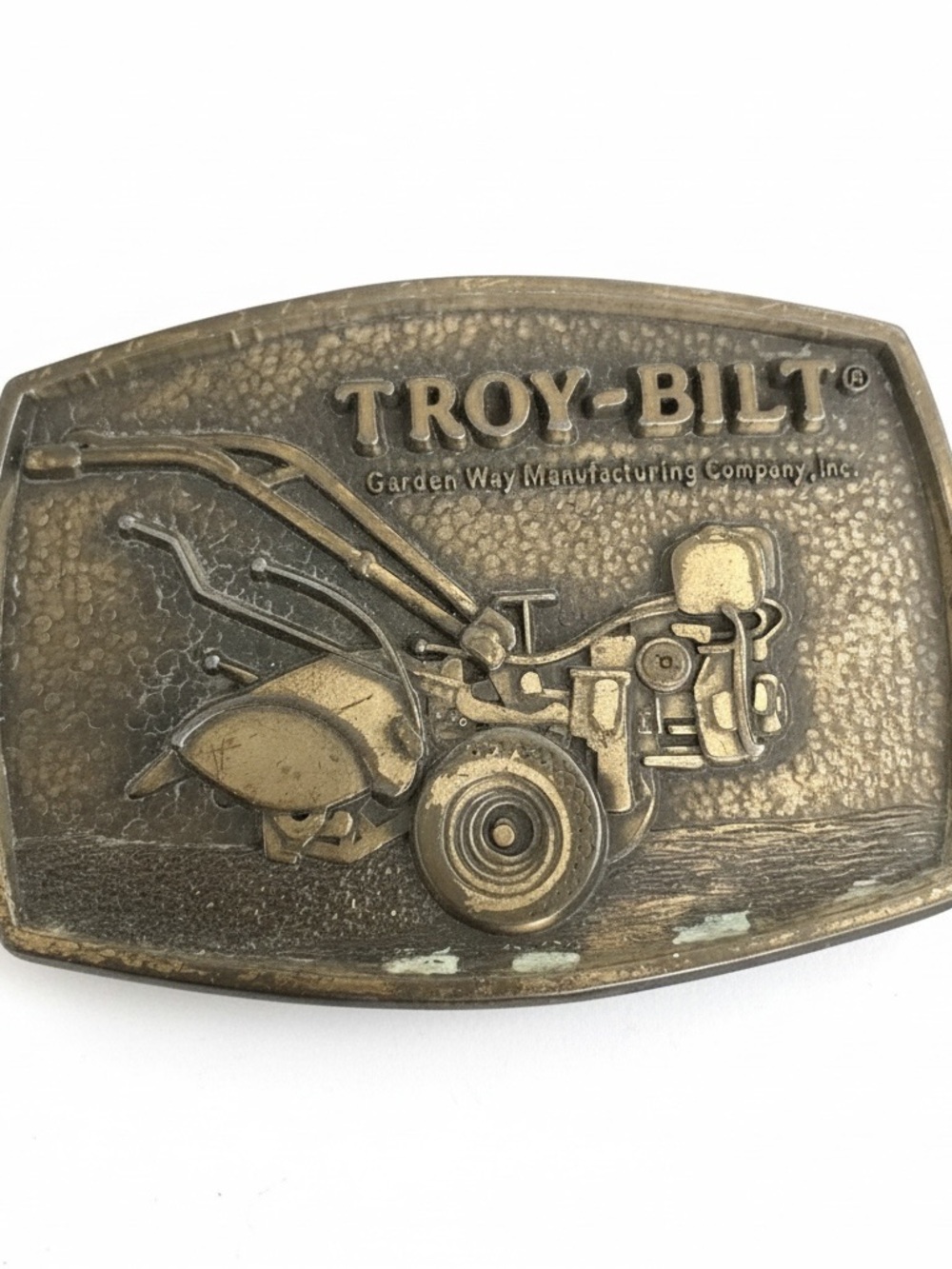 FINAL PRICE DROP! Troy-Bilt Rototiller Metal Belt Buckle Brass Tone Flaw AS IS